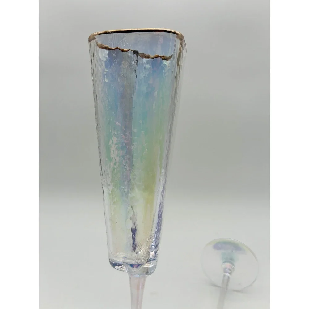 2 Iridescent Heart Shaped Long‎ Stemmed Champagne Flutes Gold Rim Textured Glass